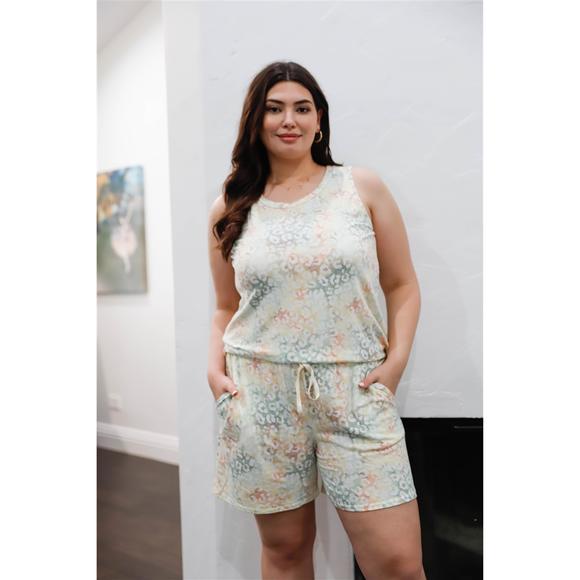 Rachell`s Boutique Tops - Plus Sage Leopard Print Tank Top & Shorts Set